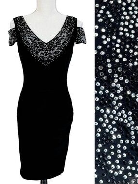 Vintage Cache Rhinestone Cocktail Dress Size 2 Bodycon Party Little Black Dress